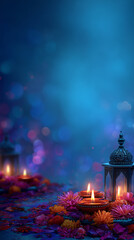 Hyper-photorealistic cinematic Diwali background, bathed in sky blue and rich purple hues. The bottom third of the frame prominently features a cluster of vibrant, brightly lit cla