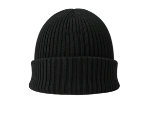 A close-up of a black knit beanie with a ribbed design, against a black background