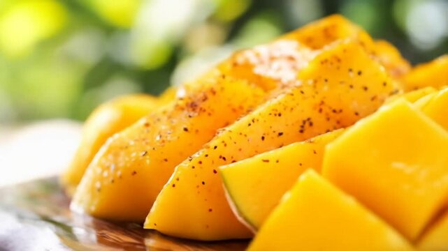Close up of freshly sliced mangoes on a wooden serving board