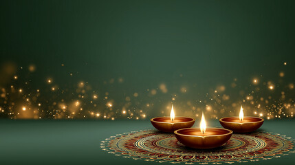 Diwali festival background, glowing diyas and lanterns, warm golden and green gradients, subtle fireworks sparkles, elegant rangoli patterns at the edges, spacious clean area in th
