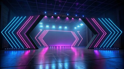 Luminous stage background with dynamic pink and blue neon arrow lights in a futuristic setting
