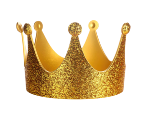 Rendered golden crown with sparkling glitter, against a black background, isolated