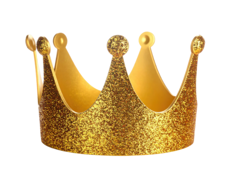 Rendered golden crown with sparkling glitter, against a black background, isolated