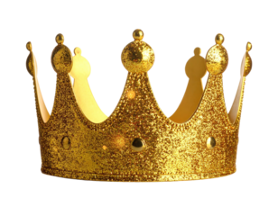 A sparkly, regal gold crown with multiple peaks and jewels, set against a black background