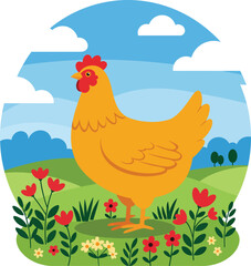 Farmyard chicken standing proudly amidst colorful spring flowers and rolling green hills isolated on transparent background