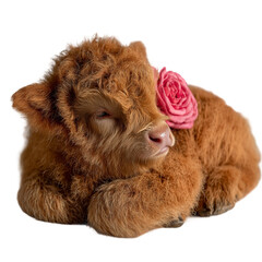 Adorable fluffy Highland calf with a delicate pink rose, exuding innocent charm and gentle farm tranquility for heartwarming and pastoral themes.