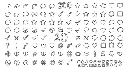 Vector doodle icon pack with simple hand drawn illustrations including arrows speech bubbles stars checkmarks hearts frames and playful symbols clean outline scalable design perfect for journaling pre