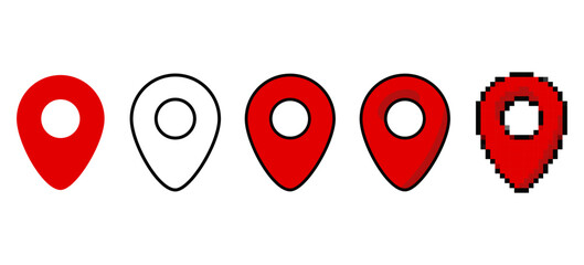 Red pin icon set in different styles. Hand drawn and vector designs of location markers, map pins, and pushpins for maps, navigation, or location-based projects.