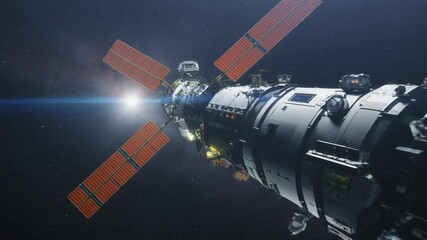 A futuristic space station is seen orbiting a distant star, its solar panels gleaming in the starlight, a symbol of human exploration and scientific advancement in the vast expanse of the cosmos