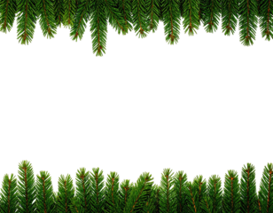 Realistic spruce branches at the top and bottom frame a black space