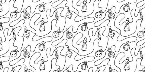 Christmas lights string seamless pattern. Doodle black outline bulbs in line art style. Festive monochrome garland for winter holidays, New Year, or birthday party decoration design.