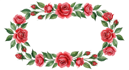 Watercolor oval frame with red roses and green leaves isolated on transparent background, perfect for invitations and greeting cards