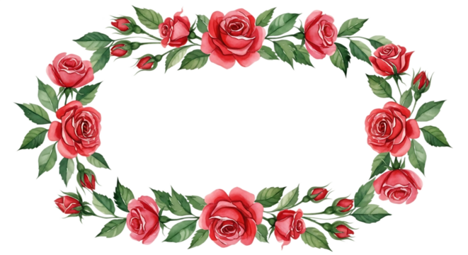 Watercolor oval frame with red roses and green leaves isolated on transparent background, perfect for invitations and greeting cards