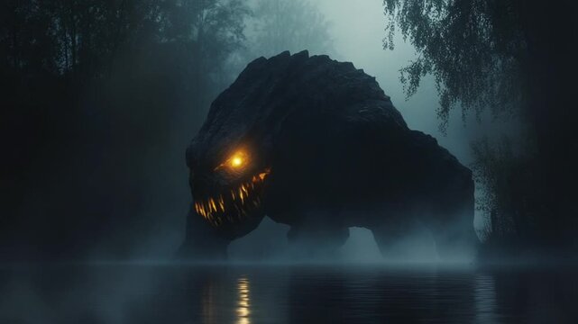Mysterious Creature Emerges From Dark Foggy Swamp With Glowing Eyes.