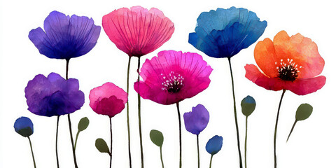Colorful Watercolor Poppies Row on Stems Isolated on White Background