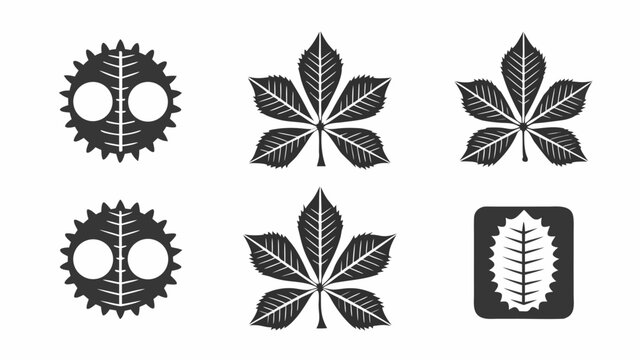 Illustration showing two spiky circular objects and three leaves in a symmetrical arrangement on white background | editable eps vectors silhouette