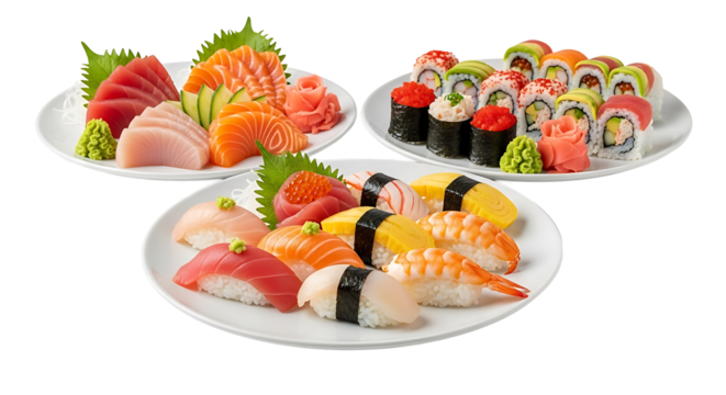 Sushi platter, showcasing a colorful array of delicacies. isolated on transparent background - Powered by Adobe