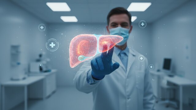 A doctor pointing at holographic liver in lab light, concept of fatty liver disease, hepatic steatosis research