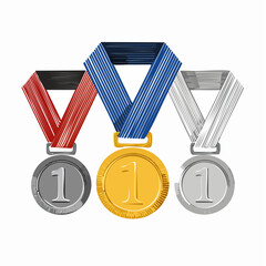 Gold, silver and bronze medals with blue ribbon flat vector icons for sports apps and websites