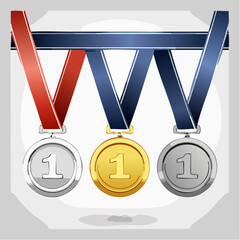 Gold, silver and bronze medals with blue ribbon flat vector icons for sports apps and websites