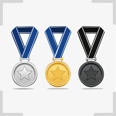 Gold, silver and bronze medals with blue ribbon flat vector icons for sports apps and websites