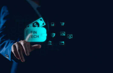 FinTech, Financial technology, Digital payment concept, AI, banking economy and money. Businessman with online payment, finance investment tech.