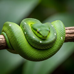 Obraz premium Closeup of a green pit viper coiled on a branch in the rainforest