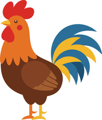 Colorful cartoon rooster standing proudly with vibrant plumage and wavy tail feathers isolated on transparent background