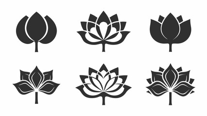 Illustration of six stylized lotus flowers in varying stages of bloom with simple stems and petals | editable eps vectors silhouette