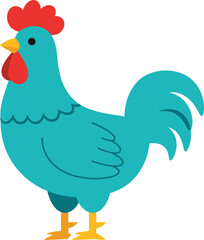 Vibrant teal rooster with red comb and wattle farm animal standing proudly isolated on transparent background