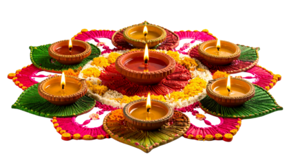 Colorful Diwali rangoli decorated with traditional clay oil lamps and bright festive patterns isolated on white background