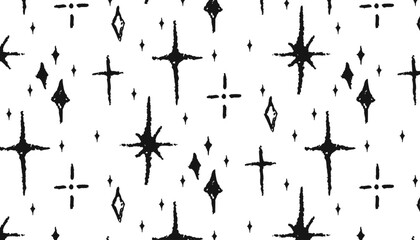 Graphic seamless pattern with crayon-drawn stars, sparks, and sparkles. Hand-drawn childish background for wrapping paper and fabric. Cute funky seamless pattern with creative doodle elements.