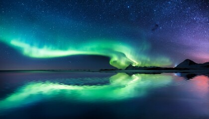 Green Blue Aurora Borealis On Starry Sky Northern Sea Wave Reflection Nature Nebula Cosmic Starry Background