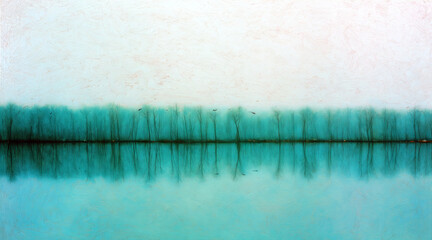 Bare trees creating a teal silhouette reflecting in calm still water at dusk, presenting a tranquil peaceful scene
