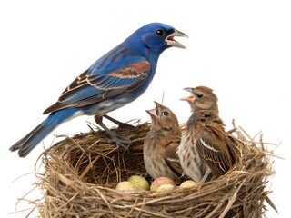 Blue Grosbeak Nest With Baby Birds and Mother Isolated