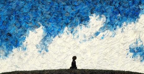 Person sitting alone, finding peace under a vibrant impressionist sky with expressive brushstrokes