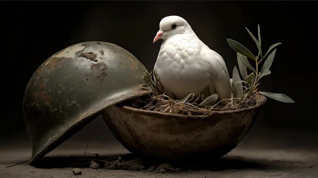 A white dove of peace nests in a rusty military helmet. Symbolic still life with an olive branch representing hope. Anti-war and rebirth concept