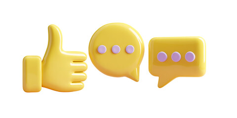 Yellow 3d thumbs up and speech bubbles on black background