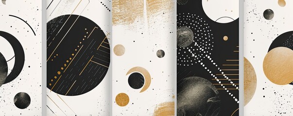 Abstract Circle Set. Gold and black spheres on light ground. Cover design