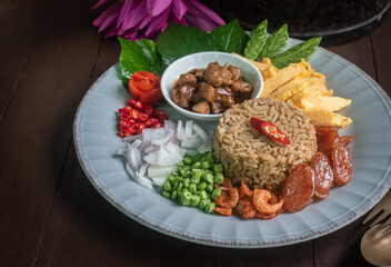Shrimp Paste Fried Rice, Authentic Thai Traditional Dish with Side Ingredients, Gourmet Thai Food Still Life