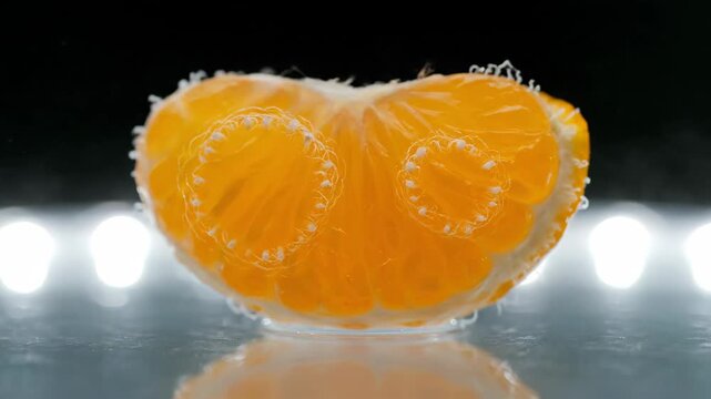 Close-up of a Mandarin Orange Segment on a Reflective Surface with Lighting Effects
