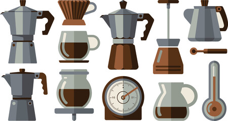 Various Coffee Brewing Methods and Tools Depicted in a Flat Style Illustration