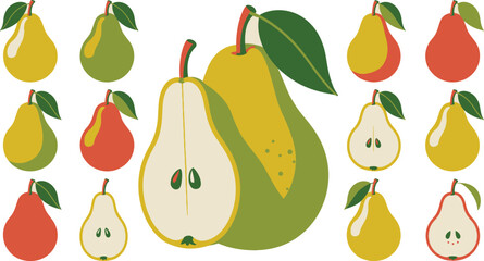 Vibrant Pear Variety Illustration of Whole, Halved, Yellow, Green, and Red Pears with Leaves