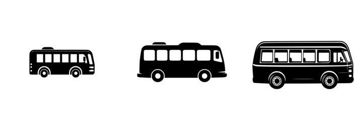 Different styles of buses showcasing urban public transportation options on a white background