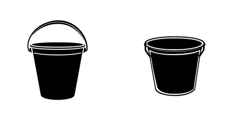 Two simple buckets in black silhouette contrasting their shapes and sizes, one with a handle and one without, ideal for various uses