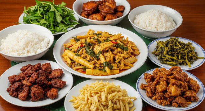 Traditional Mizo Harvest Feast with Bamboo Shoots, Rice and Meat Dishes