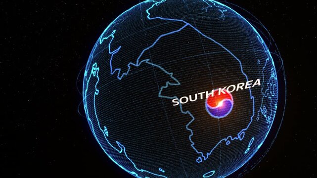 Futuristic digital globe highlighting South Korea with glowing blue outlines, the national flag symbol, and bold white text &ldquo;SOUTH KOREA.&rdquo; animation