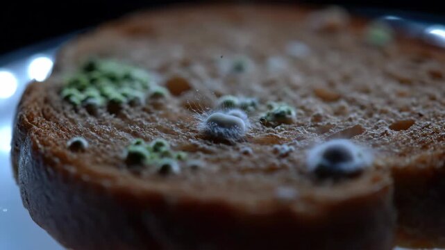 Time-Lapse of Mold Growth on Bread Slice: Decomposing Food, Green Texture Closeup