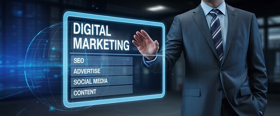 Professional businessman interacting with a futuristic digital marketing interface on a glowing screen