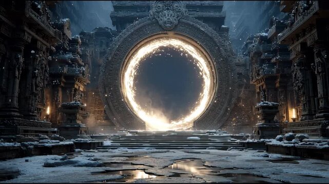 Mysterious ancient portal inside a dark stone chamber, glowing ring emanating light, fantasy adventure theme, evokes curiosity.